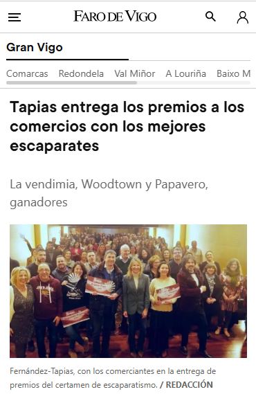 noticia del periódico Faro de Vigo donde Papavero floristería recibe un premio de escaparatismo